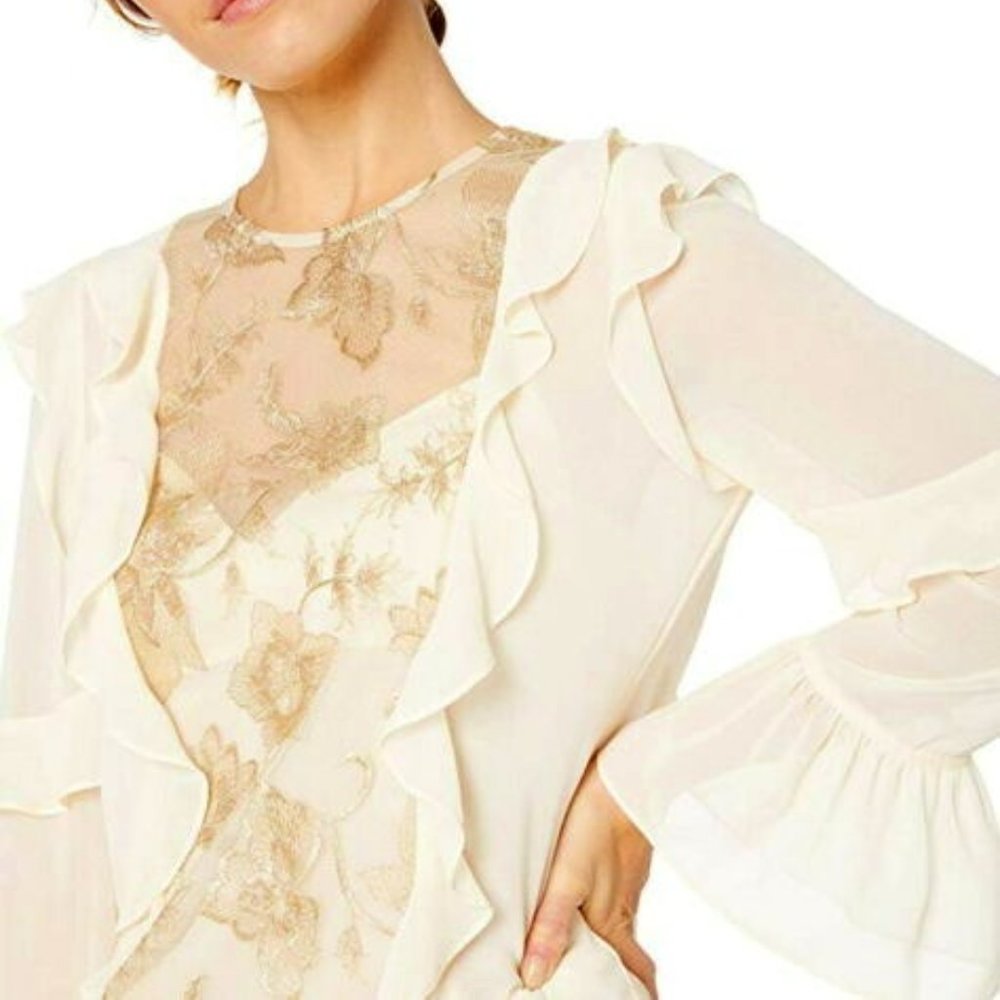 New* BCBG MAXAZRIA Floral Embroidered Ruffle Top Cream/Gold Color Size XS $228 - Picture 5 of 7